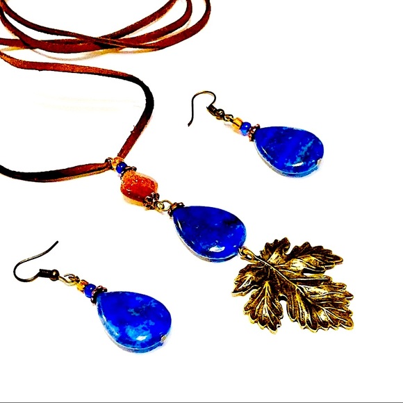 Bohemian LAPIS LAZULI Stone Earrings & Necklace w/ Sculpted Bronze Maple Leaf - Picture 14 of 14
